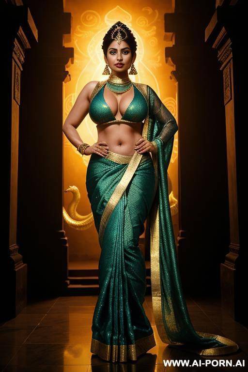 a mystical indian serpent goddess standing in an ancient temple surrounded by glowing blue fire. her upper body is that of a graceful, mature indian woman with long flowing black hair, adorned - #main