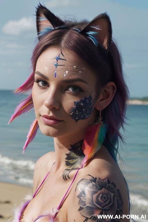 face, sexy, beautiful, ((face painting)), ((bikini as seashell)), ((tattoo roses)), ((eyes shw)), ((angel wings)), ((rainbow hair)), ((sexy expression)), ((long bu hair)), ((wind)), (( cat face)), (( cat - #main