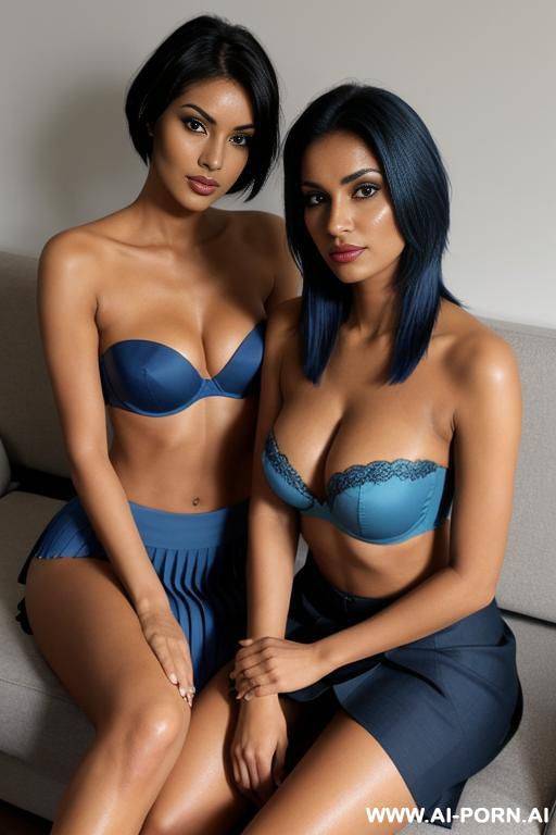 two indians women, pixie hair, tanned, fit, big ass, tall, long legs, navel piercing, blue strapless bra, blue pleat skirt, full body, stiletto, beside each other, sitting side by side, looking at camera, on sofa - #main