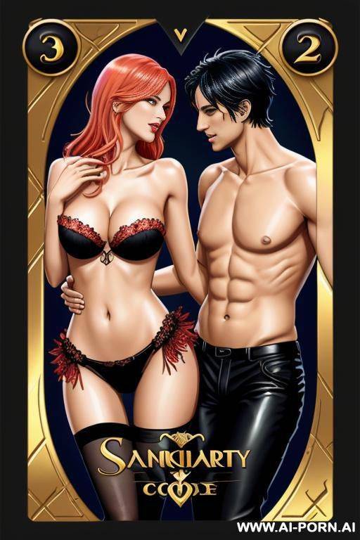 generate the design of a card from à card game. each card shall represent a sexual act. image might be représenting a couple from diversité. please this card shall represent a 6, background shall be stades of colors. style digital art. - #main