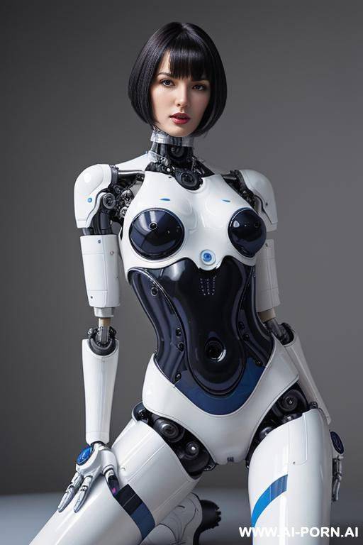 ((beautiful realistic and very detaleid)) (( taur-women fully robotic body with four legs)), detaleid face, skin in latex white and sky blue color, covered to latex, to boots, hd image quality, ((no background)). - #main