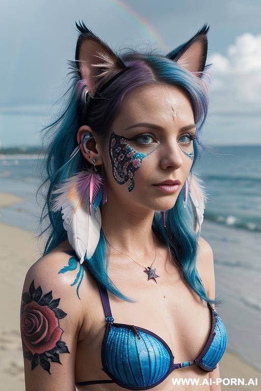 face, sexy, beautiful, ((face painting)), ((bikini as seashell)), ((tattoo roses)), ((eyes shw)), ((angel wings)), ((rainbow hair)), ((sexy expression)), ((long bu hair)), ((wind)), (( cat face)), (( cat - #main