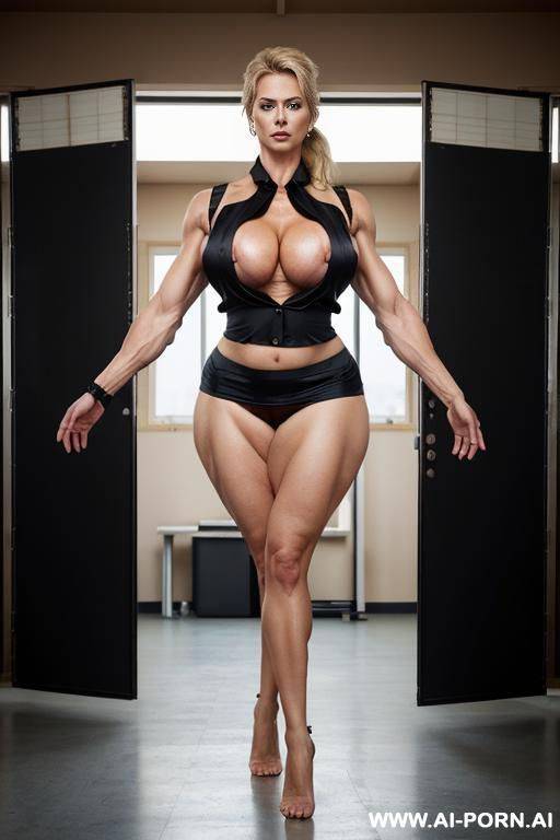glasses, bigger arms, photo of a strong woman, (nude), curvy, whole body, mature cougar, grandmother, gilf, ponytail, blonde, very hairy pussy, dense blonde pubic hair, stronger arms, stronger - #main