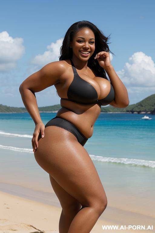 light skinned black, 20 year old, athlete, ((massive fat ass)), smiling, long legs, big eyes, standing on a beach wearing a thong and sports bra showing cleavage - #main