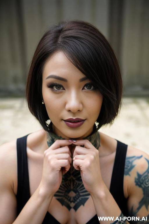 a naked dark-skinned muscular woman with short white hair, sprayed with white liquid in a collar, lies in tears with a lost look in full growth, being watched, black lipstick, toples, the - #main