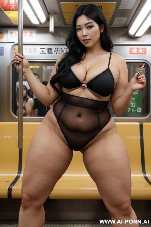 beautiful, natural, japanese, 30, perfect face, messy wavy black hair, slight smile, makeup, eye shw, standing, naked, spreading legs, subway train, thick thighs, obese thighs, muscled bulked up thighs, strong thighs - #main