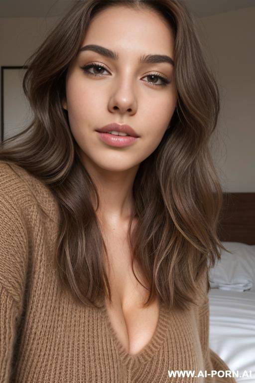 light brown wavy hair, oversized sweater, no panties, bedroom, on bed, eye contact - #main