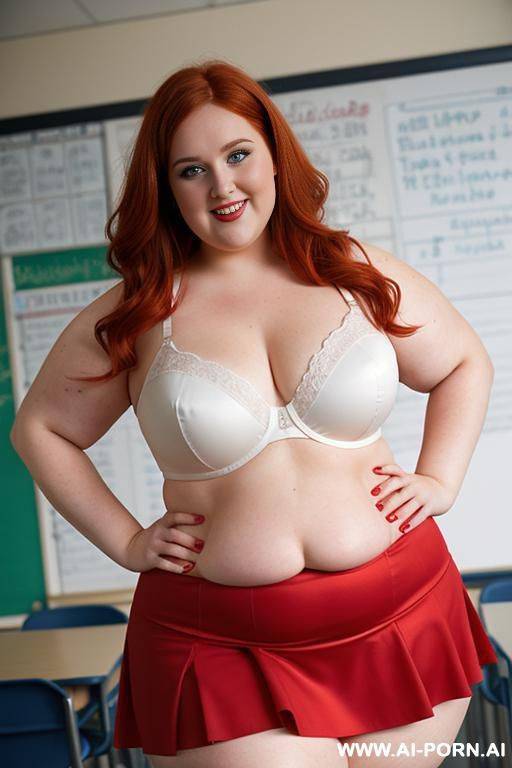 close up half body photo shot, about at classroom, chubby very ((very obese)) redhead fat bbw curvy teacher, wearing a sexy and hot micro red sequens ruffle skirt, and elegant bra, teaching to the classroom. - #main