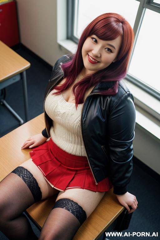 close up half body photo shot, about at classroom, chubby very ((very obese)) redhead fat bbw curvy teacher, wearing a sexy and hot micro red ruffle skirt, and elegant top, teaching to the classroom. - #main