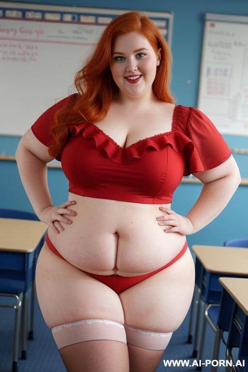 close up full body photo shot, about at classroom, chubby very ((very obese)) redhead fat bbw curvy teacher, wearing a sexy and hot micro red ruffle skirt, and elegant top, teaching to the classroom. - #main