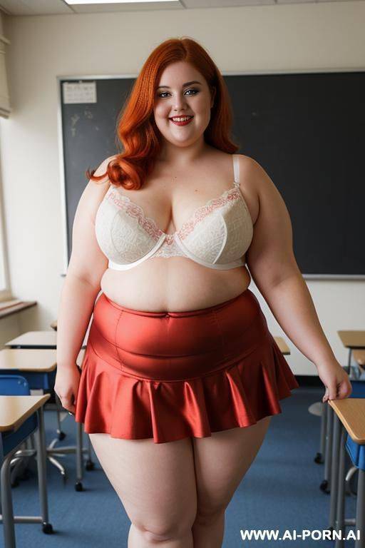 close up half body photo shot, about at classroom, chubby very ((very obese)) redhead fat bbw curvy teacher, wearing a sexy and hot micro red sequins ruffle skirt, and elegant bra, teaching to the classroom. - #main