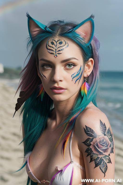 face, sexy, beautiful, ((face painting)), ((bikini as seashell)), ((tattoo roses)), ((eyes shw)), ((angel wings)), ((rainbow hair)), ((sexy expression)), ((long bu hair)), ((wind)), (( cat face)), (( cat - #main