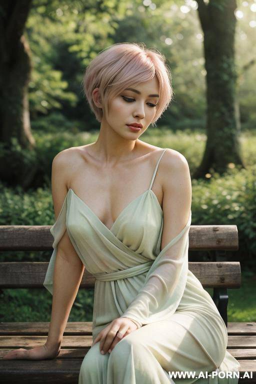 a tender and intimate portrait of a woman sitting quietly on a wooden bench in a serene city park during golden hour. she is wrapped in a soft, lightly draped fabric that gently covers - #main