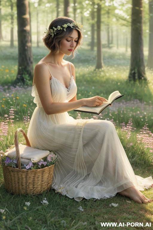 a , beautiful nature-loving woman sitting barefoot on soft green grass in a peaceful mew surrounded by wildflowers and tall trees, wearing a flowing white summer transparent dress and a flower - #main