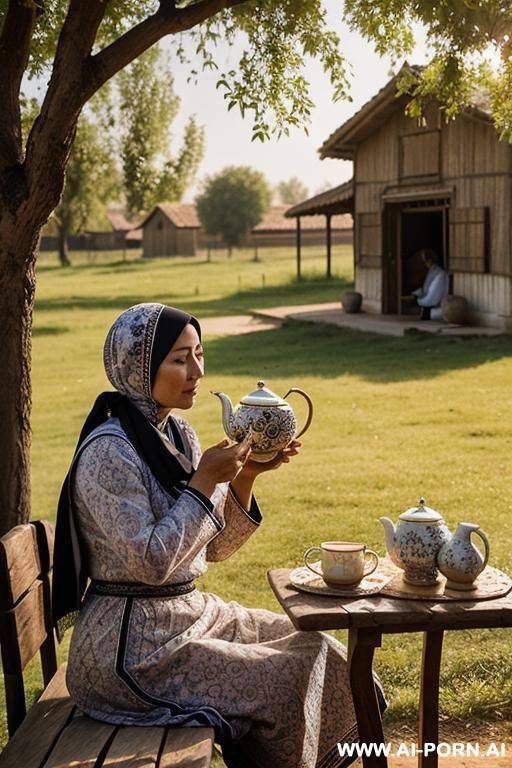 uzbek woman wearing a traditional skullcap sitting on a wooden bench under a tree in a rural village, sipping tea from a ceramic piala, early morning sunlight casting soft shws, a teapot and - #main