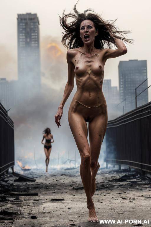 two women, milf, beautiful long slender legs, running fast, completely naked, against the backdrop of a burning city, a terrible scream on their faces - #main