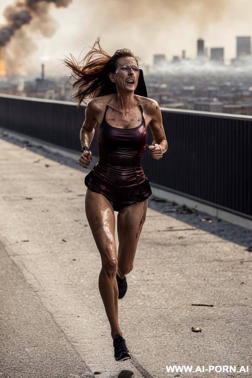 two beautiful women, milf, beautiful long legs, running fast, against the backdrop of a burning city, a terrible scream on her face - #main