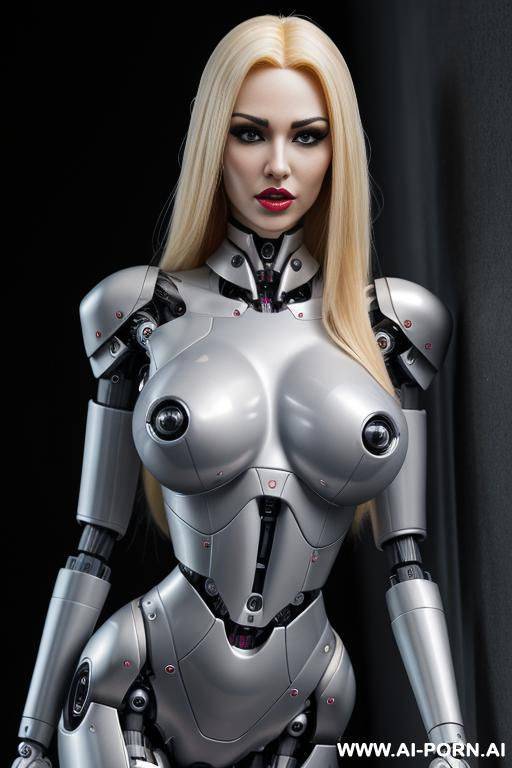 damaged robot, front view, full body view, leaning back against wall, looking at viewer, angry face, open mouth, shouting, beautiful, long straight blonde hair, big lips, wide jaw, heavy makeup, - #main