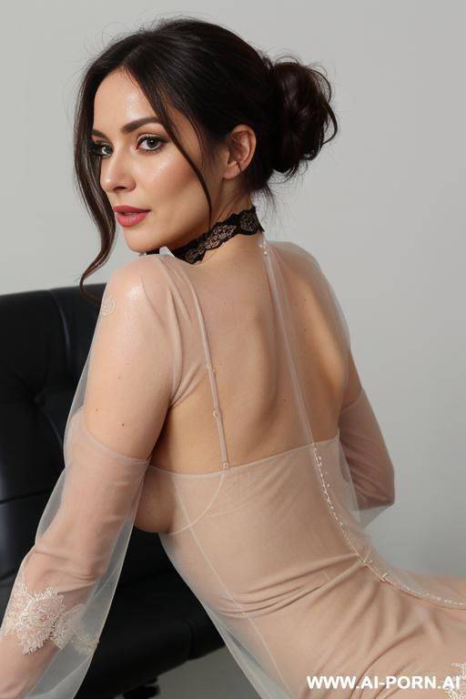 (woman looking back at viewer over her shoulder), round face, square jawline, soft inviting smile, alluring eye contact - #main