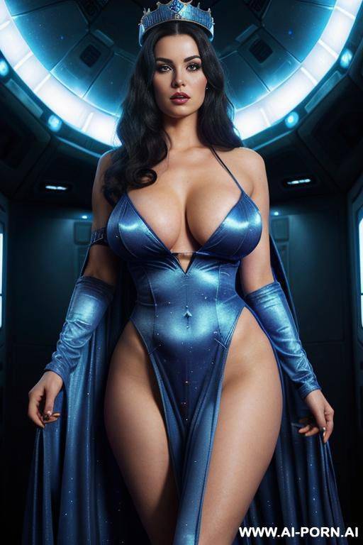 (close up) (intergalaxy queen) ((royal gown and crown)) (space observation room) (very humongous saggy boobs hanging from the low chest), (wide low-key areola) - #main