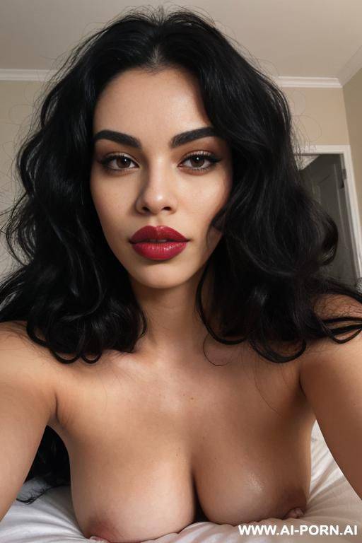 black wavy hair, oversized sweater, no panties, bedroom, on bed, eye contact, ((plump lips)), ((full lips)), ((big lips)), ((oversized lips)), lean body, horny - #main