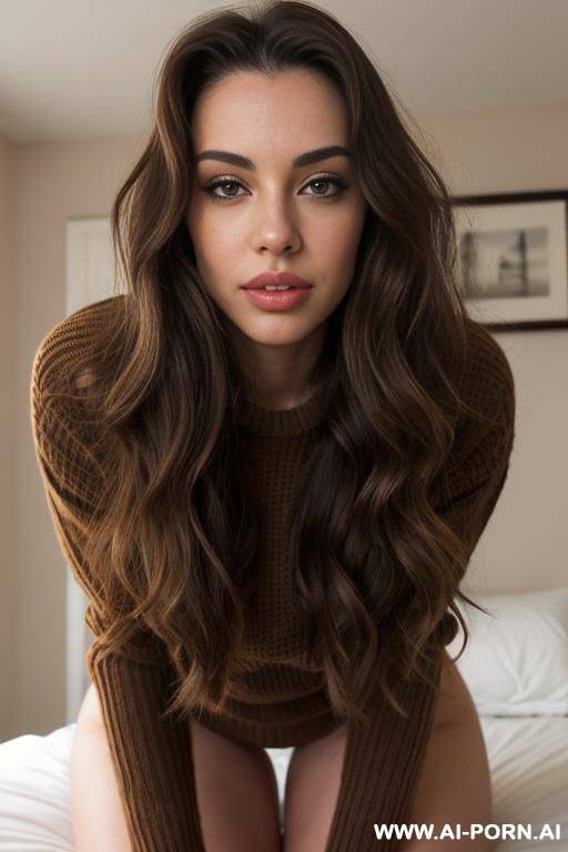 light brown wavy hair, oversized sweater, no panties, bedroom, on bed, eye contact, plump lips, full lips, big lips, lean body, horny - #main
