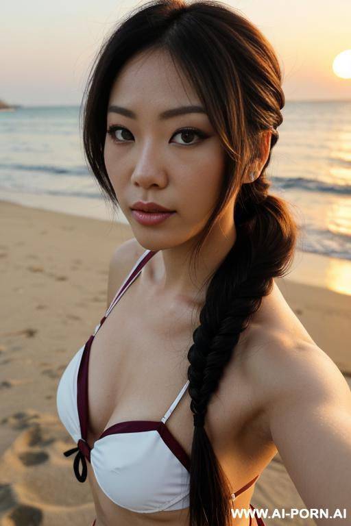 white woman on a beach with a bikini, taking a selfie. realistic. - #main