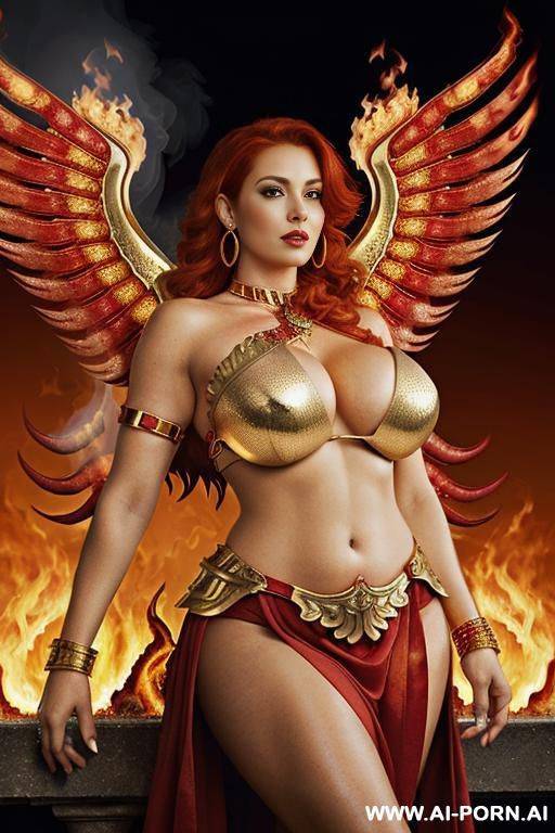 goddess of fire, (((massive boobs))), red hair, strapless red dress, ruby necklace, ruby earrings, (((gold shoulder armor))), gold bracelets, (((fiery wings))), (((fire in background))) - #main