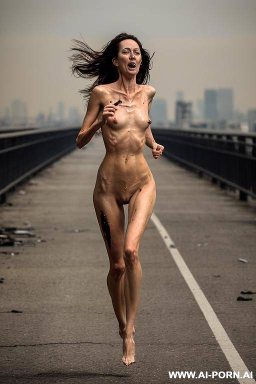 two beautiful women, milf, beautiful long slender legs, running fast, completely naked, against the backdrop of a burning city, a terrible scream on their faces - #main