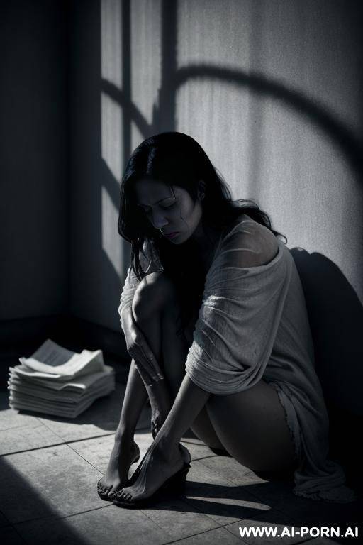 a woman in her mid-20s, sitting on the floor of a cold, dimly lit room. she is nearly unclothed, wearing only torn, mal clog, portraying the impact of extreme poverty. tered around her are - #main