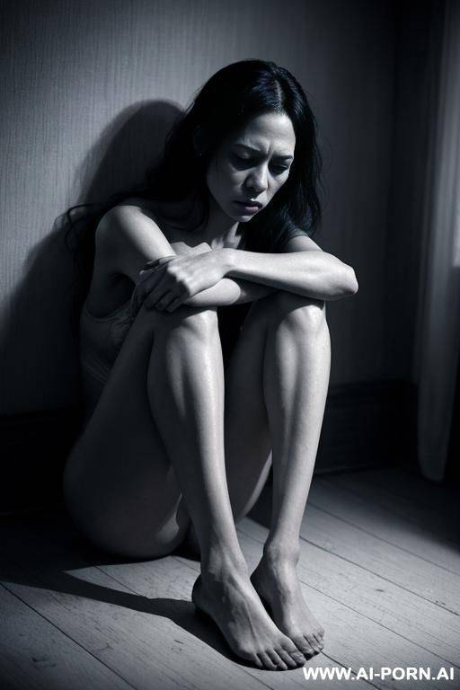 a woman in her mid-20s, sitting on the floor of a cold, dimly lit room. she is nearly unclothed, wearing only torn, minimal clog, portraying the impact of extreme poverty. tered around her - #main