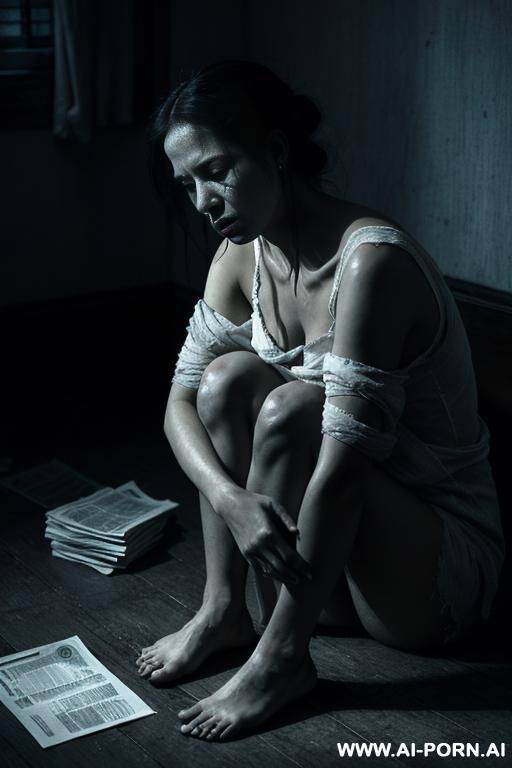 a woman in her mid-20s, sitting on the floor of a cold, dimly lit room. she is nearly unclothed, wearing only torn, minimal clog, portraying the impact of extreme poverty. scattered around - #main