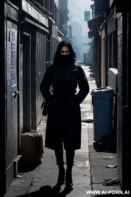 a woman in her mid-20s, hiding behind a dumpster in a dark alley at night, shaking in torn, minimal clog. her face is marked with fear and exhaustion. scattered around her are wrinkled - #main