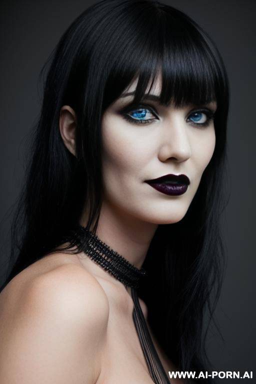 (woman 1), ((goth woman)), snobby, masterpiececondescending smile, fair skin, blue eyes, black hair, straight bangs, angry face, ultra-detailed, professional photography, - #main