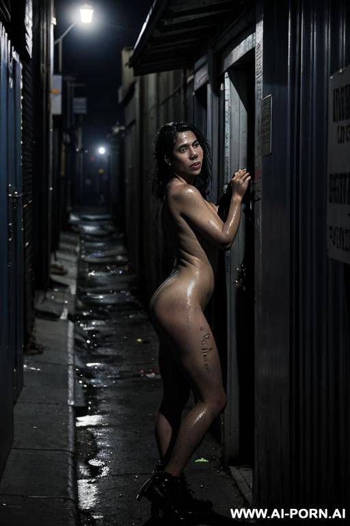 a beautiful woman in her mid-20s, hiding behind a dumpster in a dark alley at night, shaking in torn, mal clog. her face is marked with fear and exhaustion. tered around her are wrinkled - #main