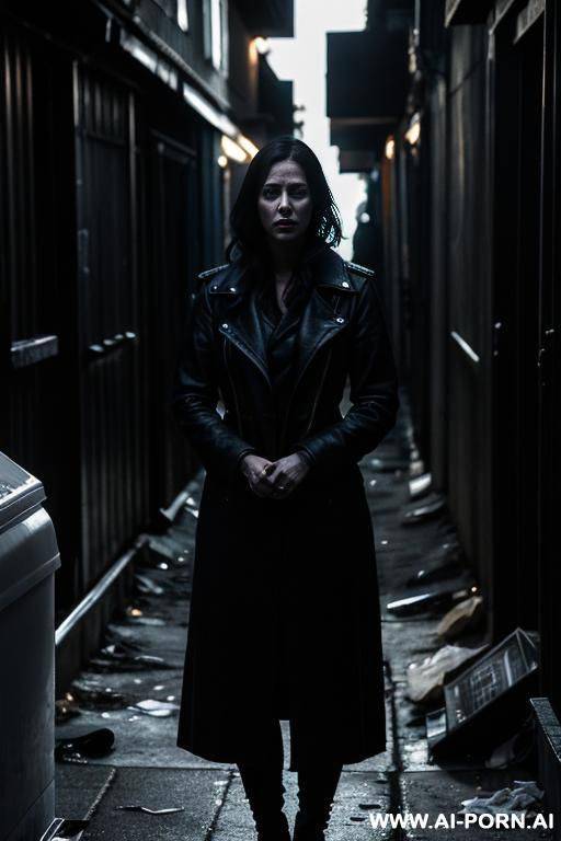 a woman in her mid-20s, huddled behind a dumpster in a dark, narrow alleyway at night. she wears torn, minimal clog and appears exhausted, cold, and frightened. around her are scattered loan - #main