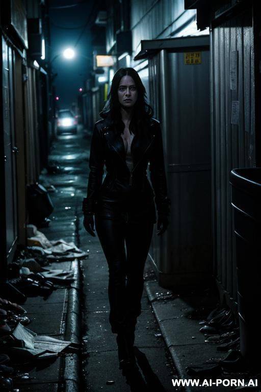 a woman in her mid-20s, huddled behind a dumpster in a dark, narrow alleyway at night. she wears torn, minimal clog and appears exhausted, cold, and frighed. around her are scattered loan - #main