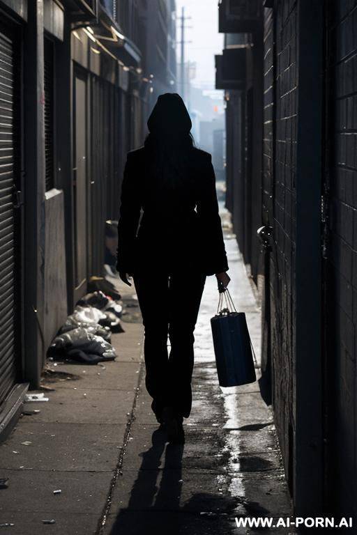 a woman in her mid-20s, hiding behind a dumpster in a dark alley at night, shaking in torn, mal clog. her face is marked with fear and exhaustion. tered around her are wrinkled bills, - #main