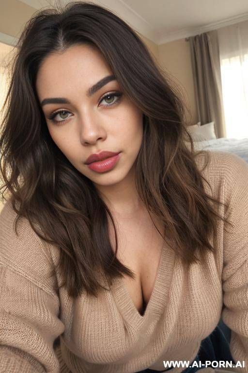 light brown wavy hair, oversized sweater, no panties, bedroom, on bed, eye contact, ((plump lips)), ((full lips)), ((big lips)), ((oversized lips)), lean body, horny - #main