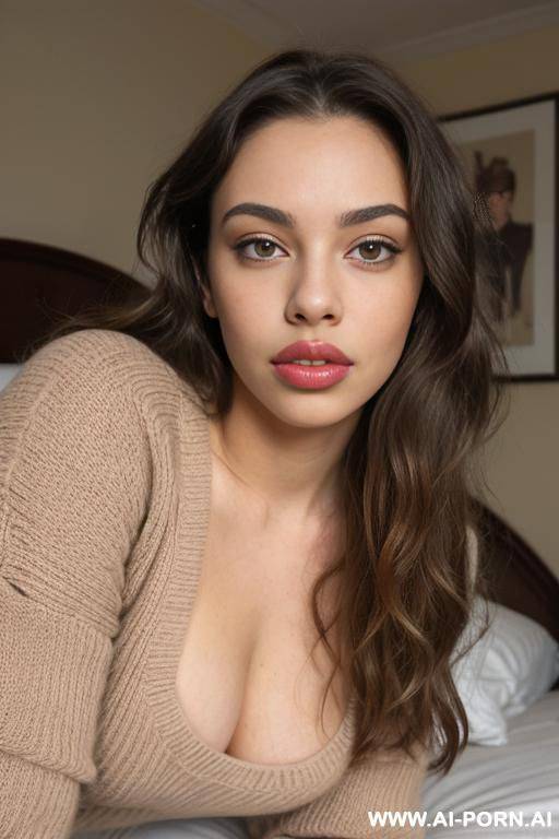 light brown wavy hair, oversized sweater, no panties, bedroom, on bed, eye contact, ((plump lips)), ((full lips)), ((big lips)), ((oversized lips)), lean body, horny, cutie - #main