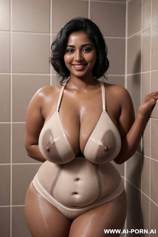 indian, wife, nude, thick curvy body, standing in shower, bag, huge round boobs, massive natural breasts, dark skin, seductive happy face, bathroom, 3d style detail - #main