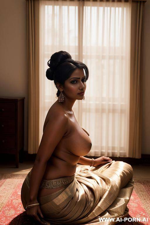 indian, maid servant, cheap saree, sitting in middle of room, huge natural saggy breasts, seductive face, naked, light from one side only, detailed style, hair bun, - #main