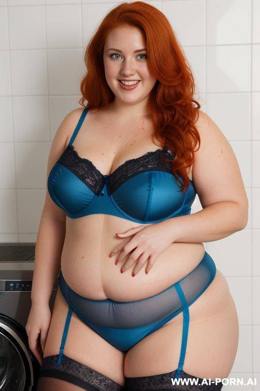 half-length photo, as a setting in the laundry area, a fat chubby fat thick and bbw redhead british, she is washing clothes and is soaked in foamy water. (she has lovehandless and a soft - #main