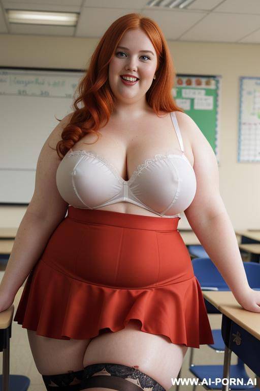 half body photo shot close up, about at classroom, chubby ((very obese)) redhead fat bbw curvy teacher, wearing a sexy and hot micro red ruffle skirt, and stocking lingeries, no top. teaching to the classroom. ((dynamic angle)) - #main