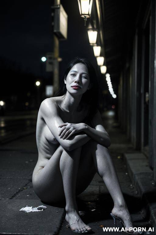 a woman in her mid-20s, sitting alone on a cold, cracked sidewalk at night, under a dim streetlight. she is nearly unclothed, wearing only torn, mal clog, portraying the impact of extreme - #main