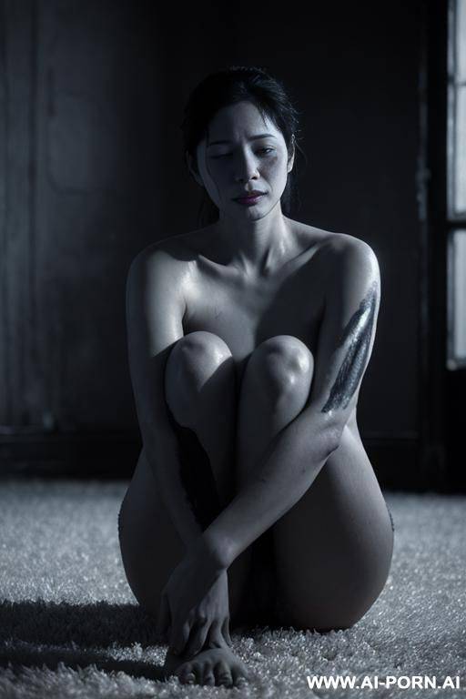 a woman in her mid-20s, sitting on a soft carpet in a bright room. she is nearly unclothed, wearing only torn, mal clog, portraying the impact of extreme poverty. tered around her are - #main