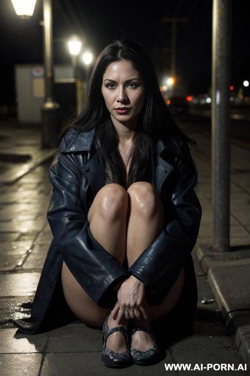 a beautiful woman in her mid-20s, sitting alone on a cold, cracked sidewalk at night, under a dim streetlight. she is nearly unclothed, wearing only torn, mal clog, portraying the impact of - #main