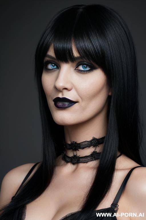 (woman 1), ((goth woman)), snobby, masterpiececondescending smile, fair skin, blue eyes, black hair, straight bangs, angry face, ultra-detailed, professional photography, - #main