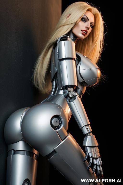 damaged robot, front view, full body view, leaning back against wall, looking at viewer, angry face, open mouth, shouting, beautiful, long straight blonde hair, big lips, wide jaw, heavy makeup, - #main