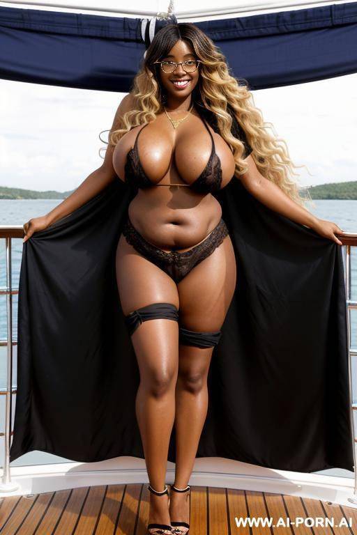 tall ebony supermodel, 20 years old, smiling, glasses, (((massive fat sagging breasts))), big eyes, ((very long wavy blonde hair with curtain bangs)), wearing thong heels - #main